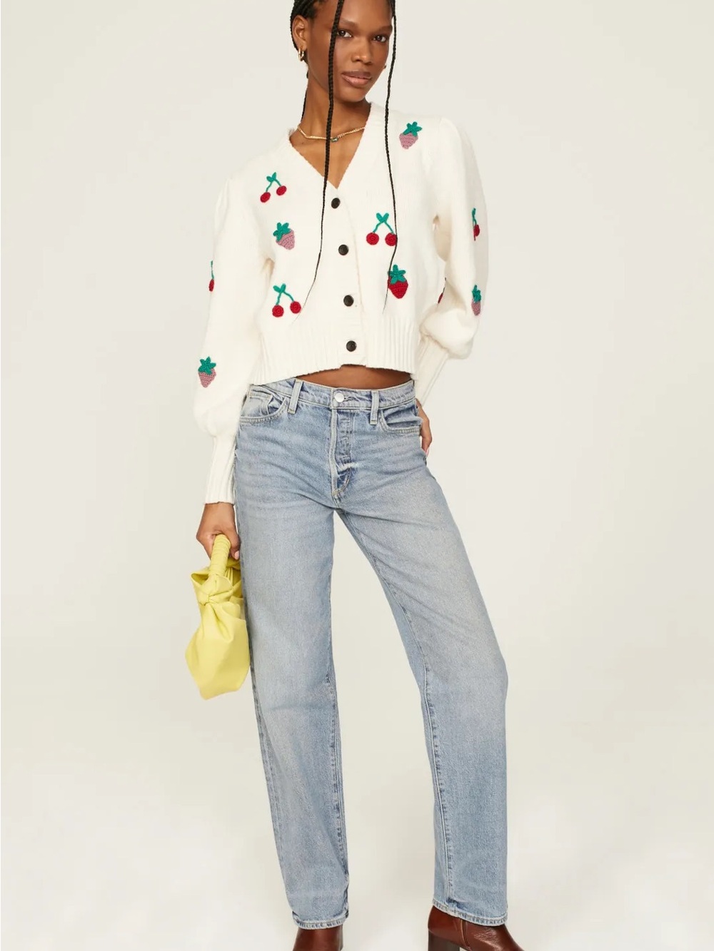 Rails Cream Cardigan with Red Strawberry & Cherry Embroidery
